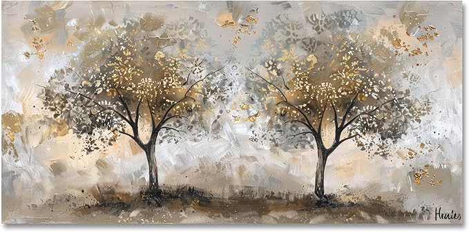 Boswaydeco Landscape Gold Tree Wall Art - Autumn Golden Forest Canvas Painting for Bedroom, Living Room, Office Decor - Gold Brown Picture Print