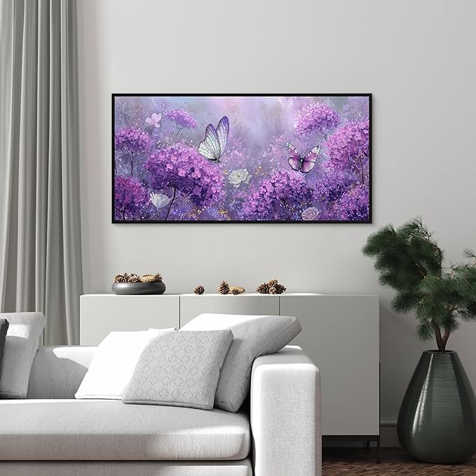 yiijeah Purple Wall Art Bedroom Canvas Lavender Bathroom Decor Butterfly Picture Items for Women Framed Artwork Print 40x20 Inches