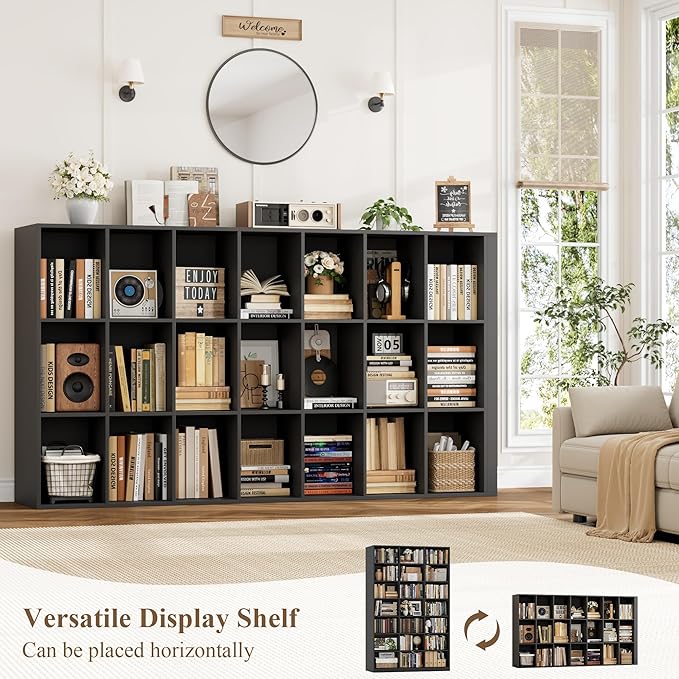 HOSTACK 86" H Triple Wide Bookshelf and Bookcase, 7 Tier Tall Bookshelf with Storage, Large Bookcase with 21 Open Display Storage Shelves, Wood Book Shelf Media CD DVD Storage for Living Room, Black
