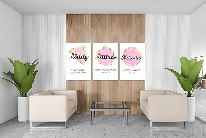 3 Piece Office Canvas Wall Art, Motivational Quotes Pink Geometric Figures Canvas Print Pictures Wall Decor for Office, Men Women Inspirational Framed Artwork Home Office Decor 20"x30" x 3 Pcs