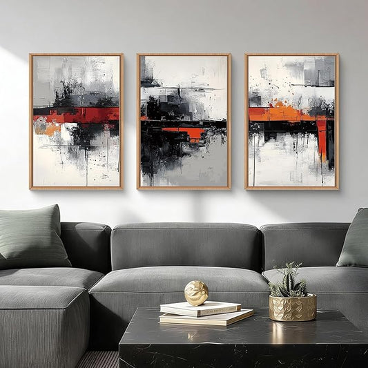 HOURIA Modern Abstract Framed Canvas Wall Art Set,Neutral Black and Orange Wall Decor,Textured Gray White Wall Painting,Pastel Strokes Art Prints for Living Room, Bedroom, Farmhouse-16 x24 x3