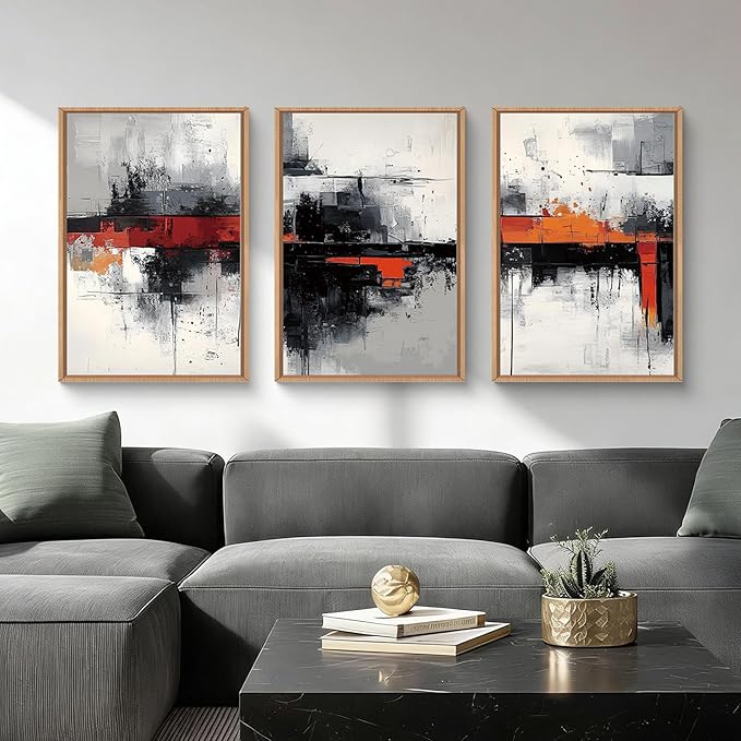 HOURIA Modern Abstract Framed Canvas Wall Art Set,Neutral Black and Orange Wall Decor,Textured Gray White Wall Painting,Pastel Strokes Art Prints for Living Room, Bedroom, Farmhouse-24 x36 x3