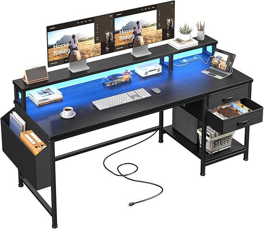 55" Computer Desk with Drawers & Storage Bag, Gaming Desk with Power Outlets and LED Lights, Office Desk with Monitor Stand for Bedroom Gaming Room, Study Work Home Office, Black