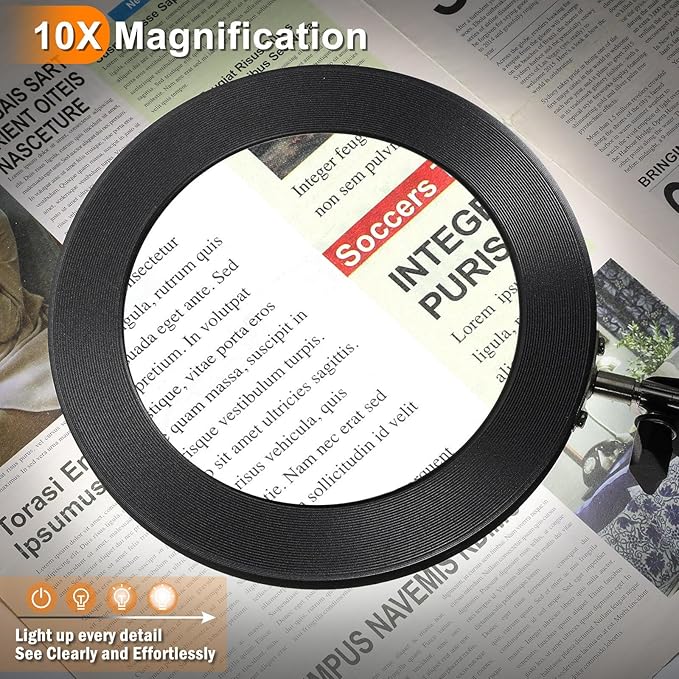 Large 10X Magnifying Glass with Light, 5 in Real Glass Stand Lighted Magnifier, 3 Color Modes Steepless Dimmable LED Magnifying Desk Lamp with Clamp, Hands Free for Close Work Crafts Hobby