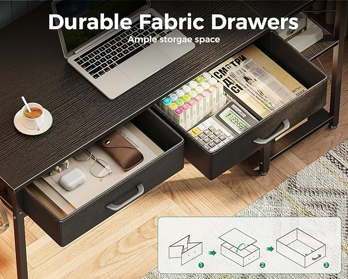 Coleshome Small Computer Desk with Drawers, 40 Inch Reversible Home Office Desk with Storage Shelves, Study Laptop Desk for Bedroom Small Space, Black