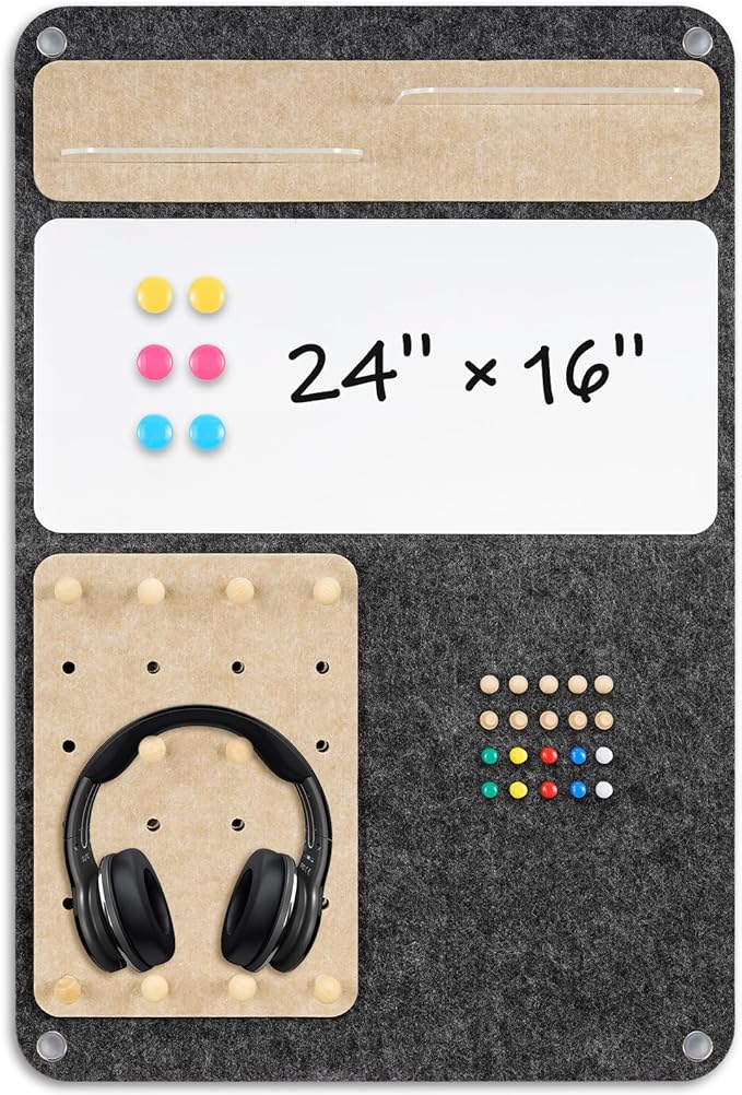 DOLLAR BOSS 3-in-1 Foldable Bulletin Board 16"x24" Vertical- Magnetic Whiteboard with Cork & Acrylic Shelves, Sound-Absorbing Felt for Home/Office/Dorm Includes Pins/Magnets (Grey)