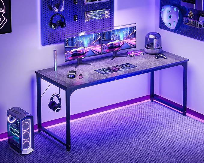 Casaottima 63 Inches Small Computer Desk, Work Study Table for Home Office, Kids Student Writing Desk with Headphone Hooks, Grey