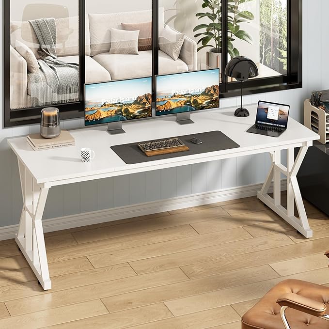 TVU Computer Desk, 63 inch Large Office Desk, Study Writing Table with Thicken Frame, Gaming Desk, Modern Simple Desk for Home Office, White