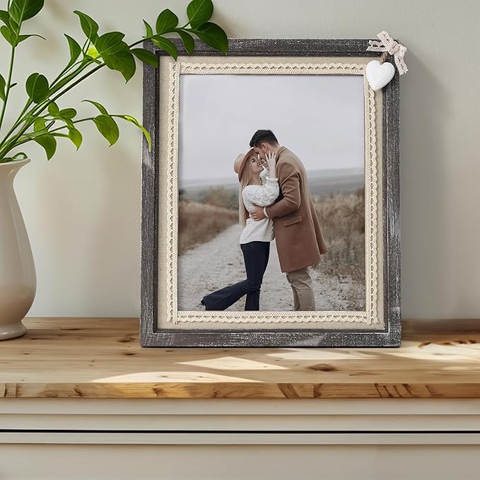 Afuly 8x10 Picture Frame Wooden Distressed Rustic Photo Frame with White Heart Burlap Lace, Solid Wood Frame for Farmhouse Wall Tabletop Home Decor Anniversary Wedding Gifts for Mom Grandma