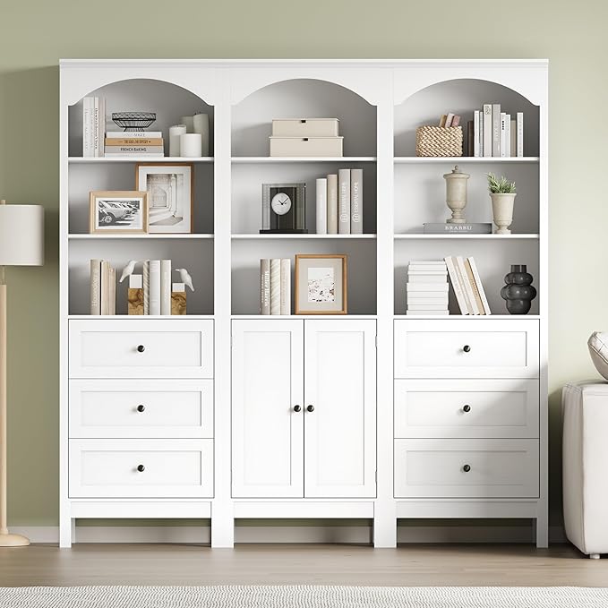 Bookshelf with Doors, 71" Tall Wood Book Shelf with Cabinet, 24" Wide Arched Bookcase with Adjustable Shelf, Floor Standing Display Storage Cabinet for Home Office, Study and Living Room, Modern White