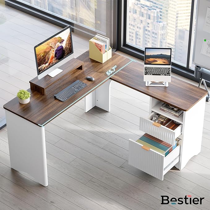 Bestier L Shaped Desk with File Drawer, 55.7" x 55" Office Computer Desk with Round Corners, Modern Desk with Monitor Stand & Fluted Panels for Home Office, White & Walnut