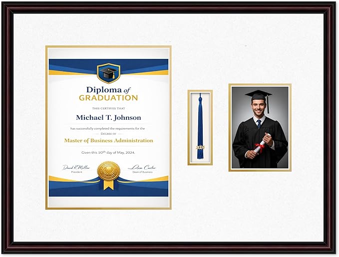 Diploma Tassel and Photo Frame Executive Brown Shadowbox Oyster Shell Over Gold Mat - Fits 10 x 13 Degree Picture Made in the USA