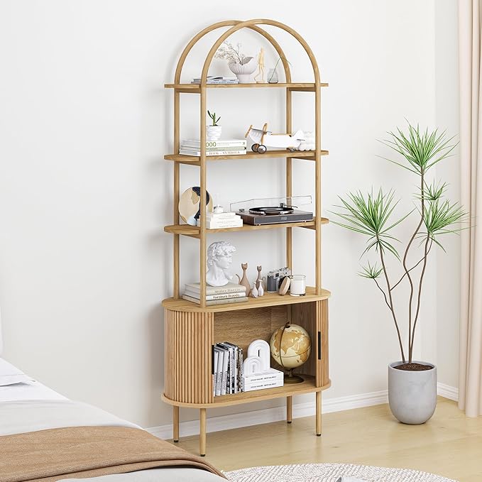 71" Tall Fluted Arched Bookshelf with Sliding Tambour Doors, Mid Century Modern Metal Curved Bookshelf Cabinet with Storage, 4-Tier Open Display Storage Shelf for Home Office, Living Room (Natural)