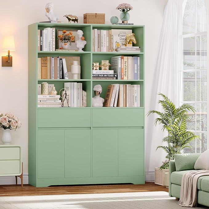FINETONES 69" Green Bookshelf with Doors, 47.2" Double Wide Bookshelves and Bookcases with Storage, Tall Bookshelf Large Open Book Shelf Standing Book Case for Home Office, Green