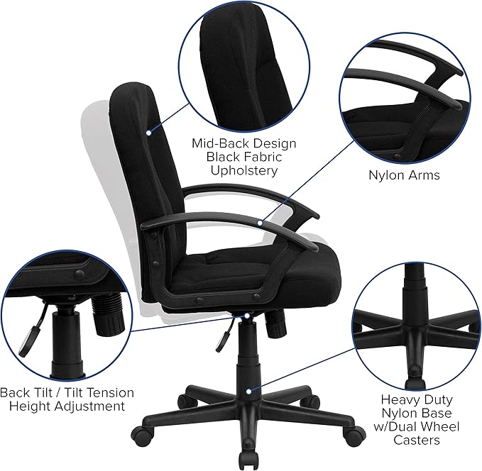 Flash Furniture Garver Mid-Back Black Fabric Executive Swivel Office Chair with Nylon Arms