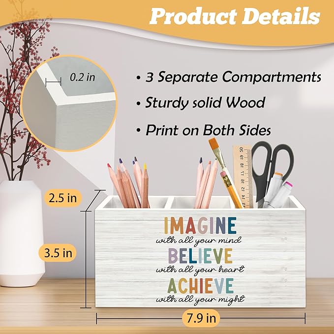 Boho Motivational Pen Holder Organizer for Desk Accessories, Imagine Believe Achieve Positive Wooden Box Sign Desk Decorations for Classroom Office Decor, School Counselor Must Haves