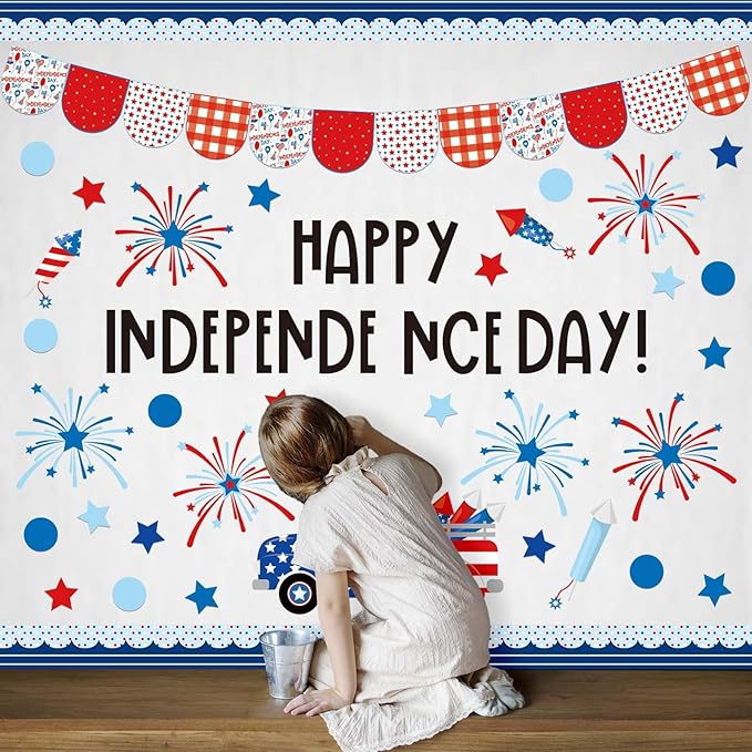 JarThenaAMCS 74Pcs Happy Independence Day Bulletin Board Kit Patriotic Red Blue Star Paper Cutouts with 100Pcs Glue Points 4th of July DIY Craft Art Decor for 250th Anniversary School Home Party