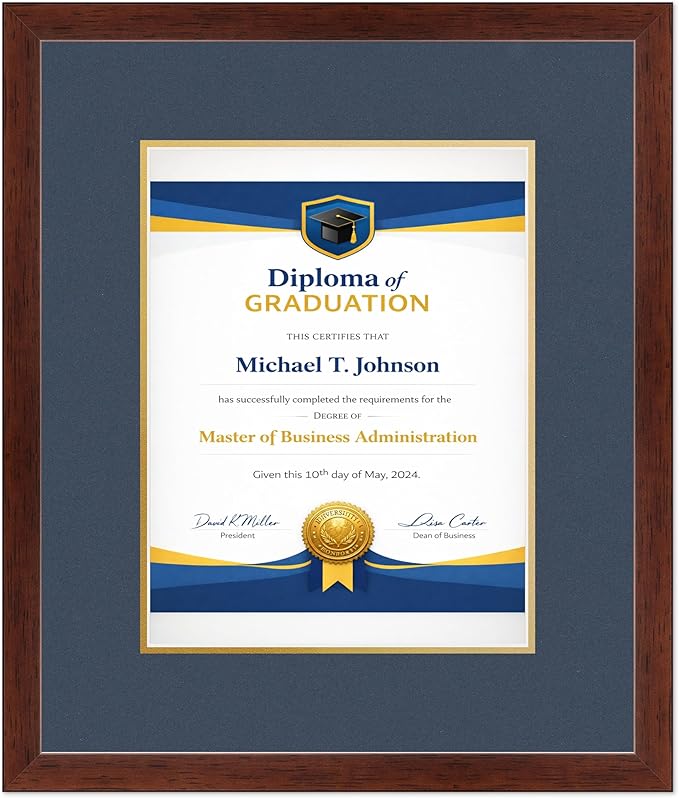 Diploma Frame Rustic Walnut With Navy Blue Over Gold Double Mat - Fits 10 x 13 College Diploma (Portrait Traditional) Wall Display Made in the USA