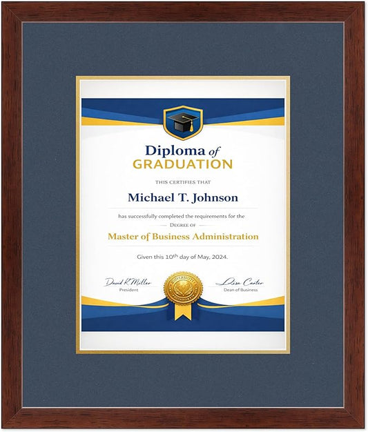 Diploma Frame Rustic Walnut With Navy Blue Over Gold Double Mat - Fits 10 x 13 College Diploma (Portrait Traditional) Wall Display Made in the USA