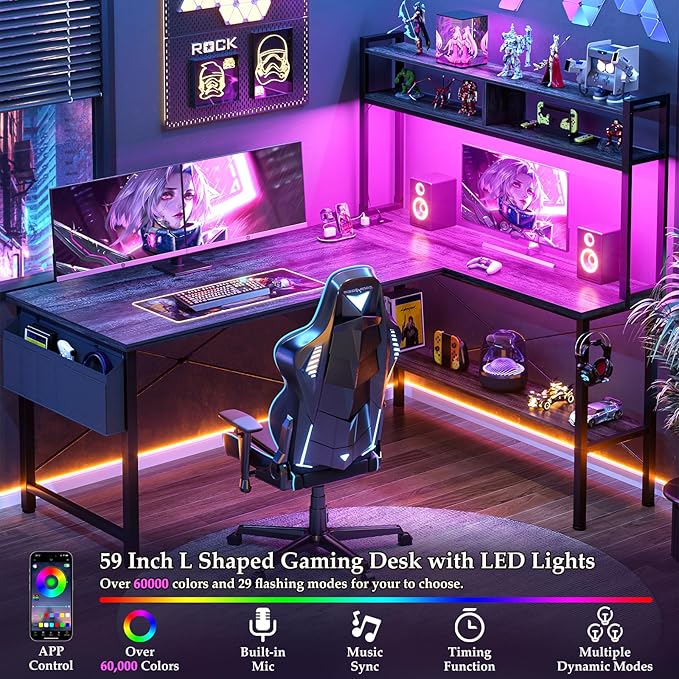Aheaplus L Shaped Desk Gaming Desk, 59" L Shaped Computer Desk with LED Light & Power Outlet, Reversible Home Office Desk Gamer Desks with Shelves & Storage Bag & Hooks, Corner PC Desk, Black Oak