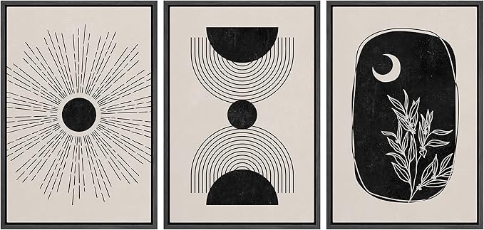 IDEA4WALL Framed Canvas Print Wall Art Set Geometric Shining Sun Crescent Moon Tree Polygons Abstract Shapes Illustrations Modern Art Nordic for Living Room, Bedroom, Office - 16"x24"x3 Black