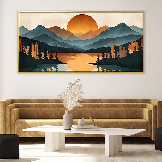 Colorful Mountain Boho Wall Art For Living Room Large Gold Framed Wall Art Canvas Art Wall Decor For Office Modern Bedroom Forest River Landscape Pictures Paintings Artwork 29 X 58 In