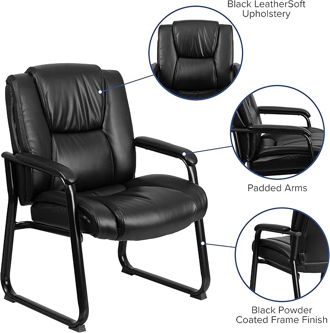 Flash Furniture LeatherSoft Executive Reception Chair with Padded Armrests and Sled Base, Upholstered Side Chair for Living Room or Office, Black
