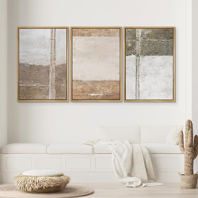 SIGNWIN Framed Canvas Print Wall Art Set Grunge Gray Brown Pastel Landscape Abstract Shapes Illustrations Modern Art Geometric Zen Mid-Century for Living Room, Bedroom, Office - 24"x36"x3 Natural