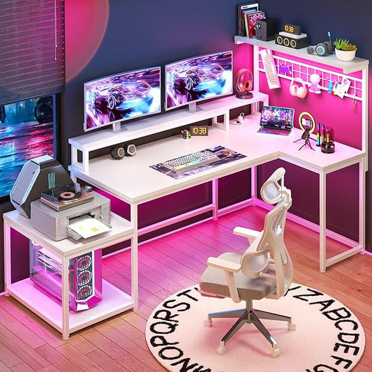 EnHomee 63" L Shaped Gaming Desk with LED Lights & Power Outlets,Reversible Corner Gaming Table with Storage Shelf & Hooks,Computer Desk with Monitor Stand & Print Stand for Bedroom,Home Office,White