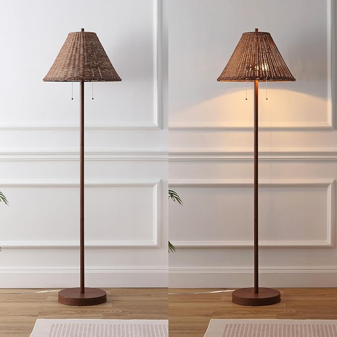 JONATHAN Y 61" Dark Brown Wood Finish 2-Light Coastal Bohemian LED Floor Lamp for Living Room, Brown Rattan Shade, Mid-Century Modern Tall Standing Lamp, Pull-Chain, LED Bulbs Included (JYL3092C)