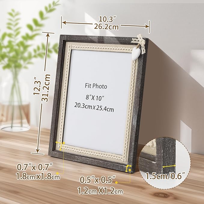 Afuly 8x10 Picture Frame Wooden Distressed Rustic Photo Frame with White Heart Burlap Lace, Solid Wood Frame for Farmhouse Wall Tabletop Home Decor Anniversary Wedding Gifts for Mom Grandma
