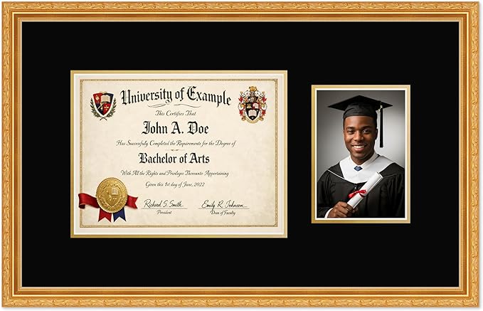 CountryArtHouse Fits 11 x 8.5 US Letter Certificate and 5 x 7 Photo Diploma and Photo Frame Museum Gold Genuine Hardwood with Black Over Metallic Gold Double mat