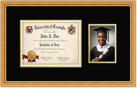 CountryArtHouse Fits 11 x 8.5 US Letter Certificate and 5 x 7 Photo Diploma and Photo Frame Museum Gold Genuine Hardwood with Black Over Metallic Gold Double mat