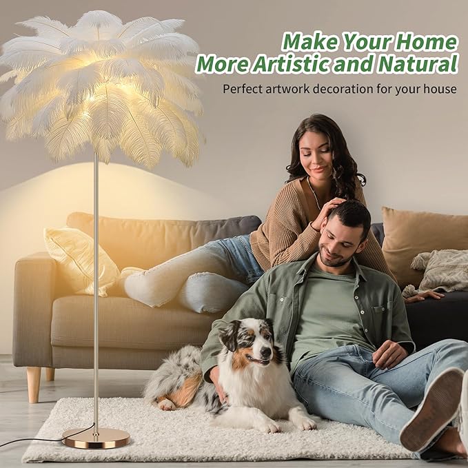 Feather Floor Lamp for Living Room, Fluffy Ostrich Feathers Lamp, Rose Gold Color Body, 3 Color Temperatures Modern Funky Arc Tall Standing Lamp for Bedroom Inclued Bright LED Bulbs (White)
