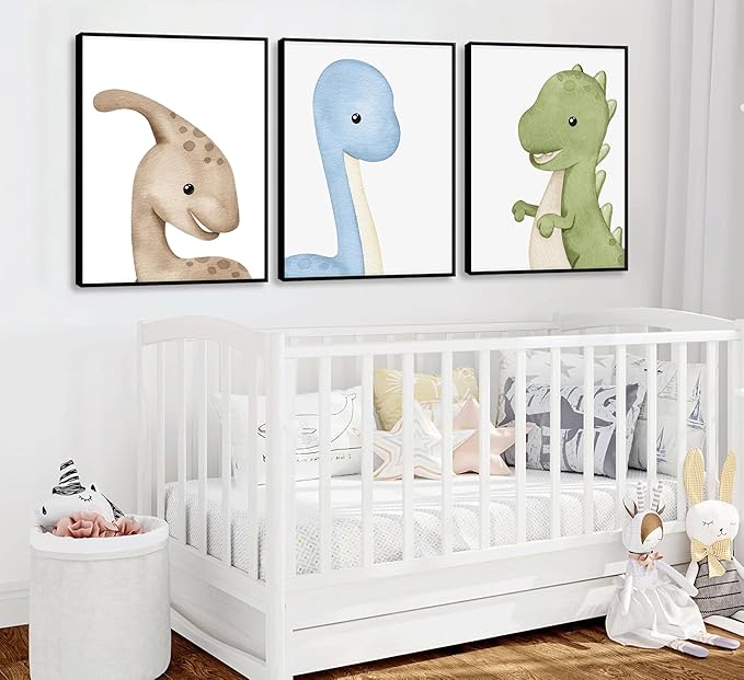 XXOUYLQ 3Pcs Watercolor Dinosaur Wall Art Kids Boys Room Canvas Wall Decor neutral dino Painting nursery Prints Funny Animals Plants Poster for Boys or Girls Bedroom unframed