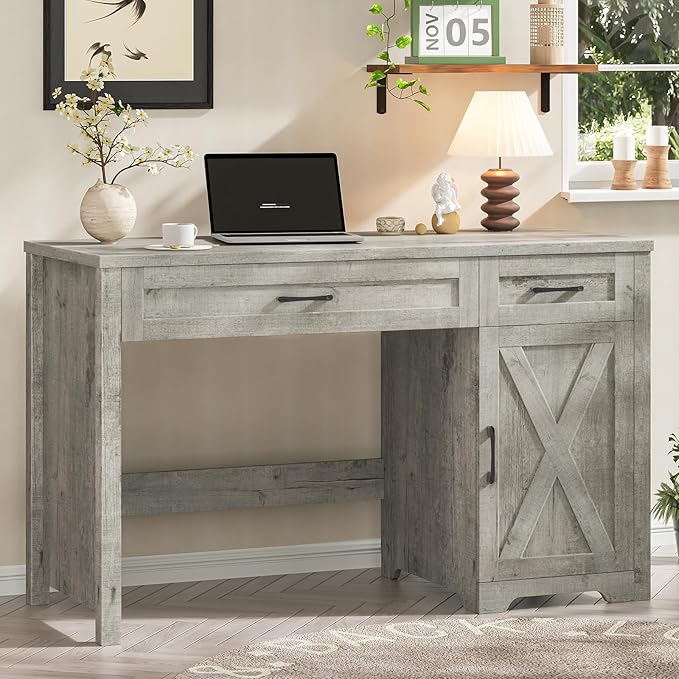 Vabches Farmhouse 51" Executive Desk,Computer Desk with Drawers and Storage Cabinet, Workspace for Home Office and Study.Grey