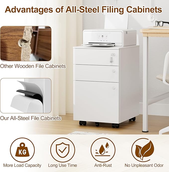 3 Drawers File Cabinet with 3 Lock, Mobile Metal Filing Cabinet, Fully Assembled Except Casters, for Home Office, for A4, Letter, Legal File Folders, White
