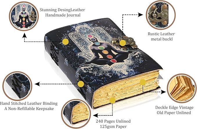 TUZECH Book of Spells Leather Bound Journal Deckle Edge Paper Grimoire Printed Diary Third Eye witchcraft supply and Witch Spell Notebook Antique Vintage Book for Men & Women (7 Spiritual Meditation)