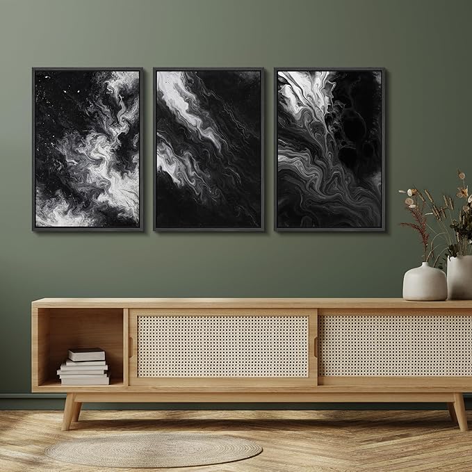 SIGNFORD Framed Wall Art Print Set Black and White Marble Abstract Modern Fluid Digital Art Modern Art Contemporary for Living Room, Bedroom, Office - 16"x24"x3 Black