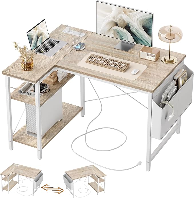 TIQLAB L Shaped Computer Desk with Power Outlets, 40 Inch Small Corner Desk with Reversible Shelves, Gaming Desk Computer Table Study Writing Table for Home Office Bedroom Small Space, Maple