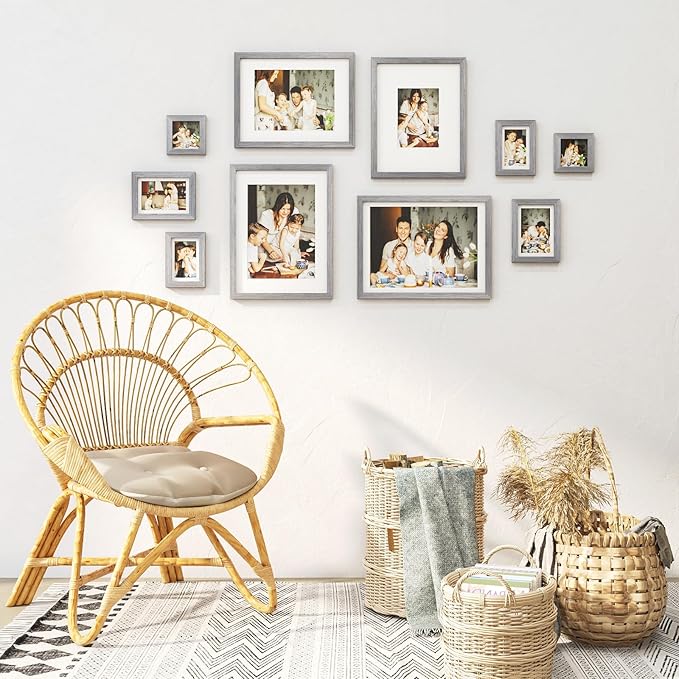 Egofine Picture Frame Set 10 Pack, Collage Wall & Tabletop Decor with Two Sizes - 12x16, 11x14, 5x7, 4x6, 4x4; Solid Wood, Plexiglass Cover, Oak Grey