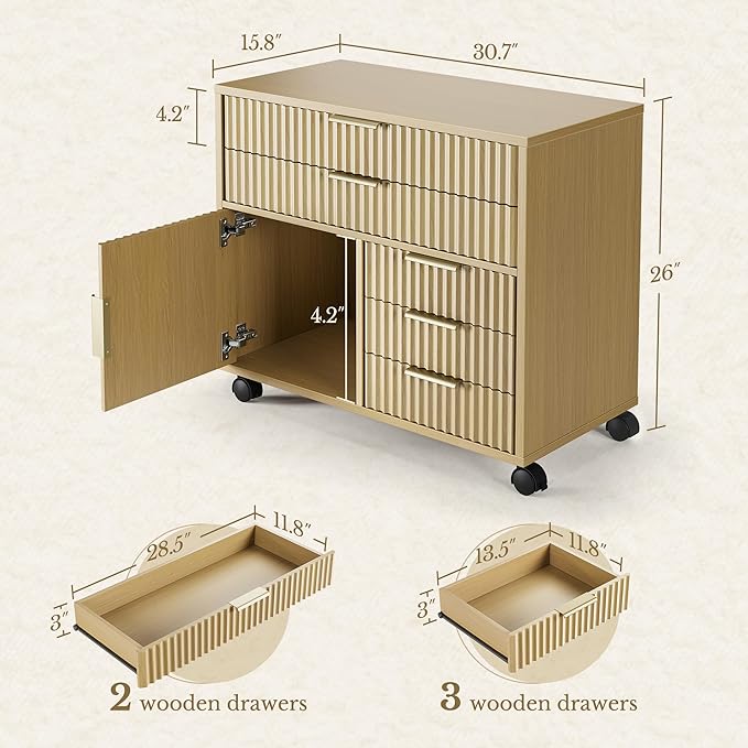 Home Office Furniture Set, Fluted Wooden File Cabinet with Locable Wheels, Filing Cabinet with 5 Drawers for Home Office, Light Walnut