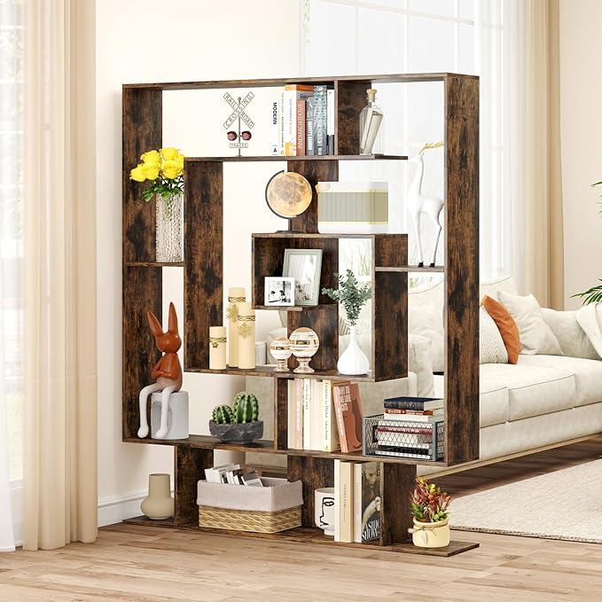 Giantex 7-Tier Geometric Bookshelf, Modern Bookcase with Open Shelves, Freestanding Display Shelf with Anti-Tip Kit, Storage Rack for Living Room Bedroom Study, 49.5''L x 8.5''W x 59''H (Rustic Brown)