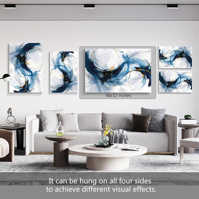gaosoul Modern Abstract Canvas Wall Art Vibrant Blue Gold Lines Doodled on White Background Paintings Stylish Framed Minimalism Artwork Prints for Living Room Bedroom Office Decor 48x32in