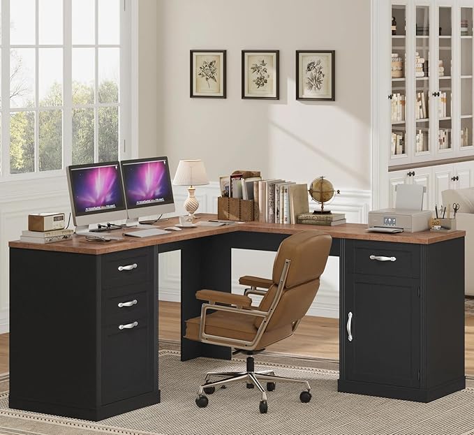 HIFIT Farmhouse Executive L Shaped Desk with Power Outlets, 60" Corner Computer Desk with 3 Storage Drawers & 2 File Cabinets, L Shaped Home Office Desk for Study,Black