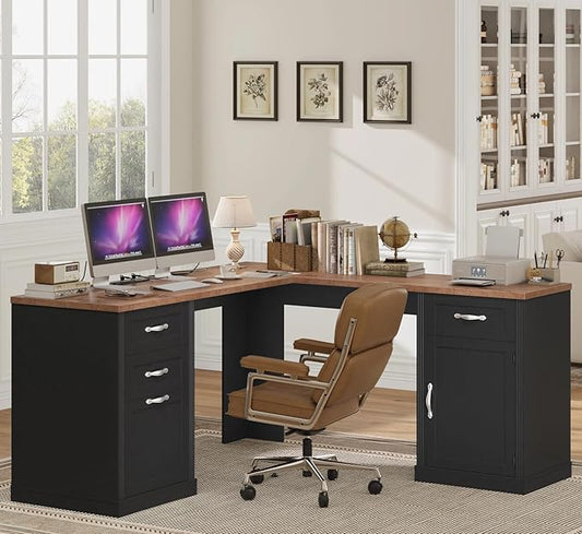 HIFIT Farmhouse Executive L Shaped Desk with Power Outlets, 60" Corner Computer Desk with 3 Storage Drawers & 2 File Cabinets, L Shaped Home Office Desk for Study,Black