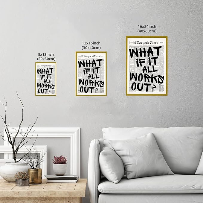 What If It All Works Out Wall Art Retro Black and White Newspaper Motivational Poster Positive Affirming Quote Minimalist Canvas Print for Bedroom Living Room Home Decor 12x16inch Golden Framed