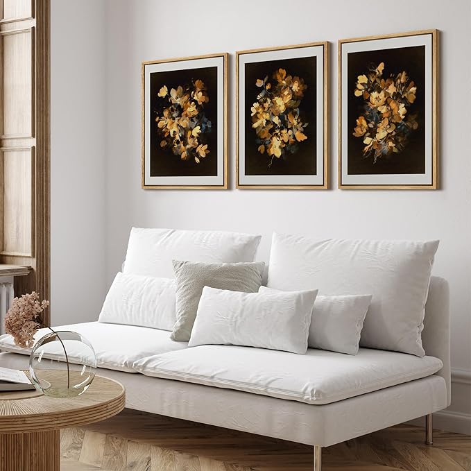 SIGNFORD Framed Wall Art Print Set Golden Blossom Watercolor Floral Warm Botanical Digital Art Modern Art Contemporary for Living Room, Bedroom, Office - 24"x36"x3 NATURAL