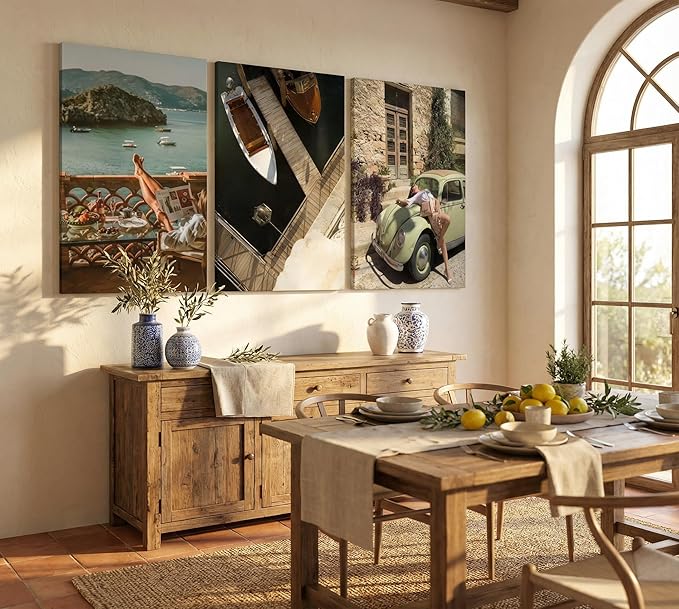3Pcs Mediterranean Coastal Canvas Wall Art Vintage Italian Travel Photography Pictures Wall Decor Beach Vacation Lifestyle Posters Prints for Living Room Bedroom Office Home Decoration Prepare to hang