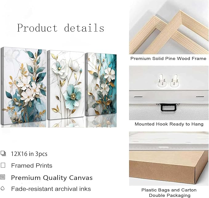 3Pcs White Gold Flower Canvas Wall Art Modern Luxury Blue White Gold Abstract Marble Floral Botanical Painting Picture Wall Decor Poster Print Artwork for Living Room Bedroom Home Decoration